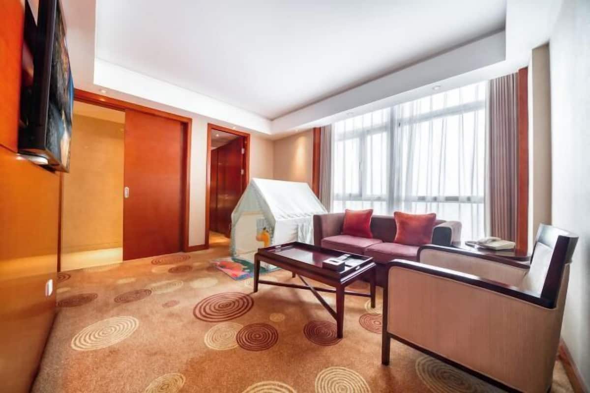 Een hotelkamer met een bank, een salontafel, een televisie en een groot raam met gordijnen.
