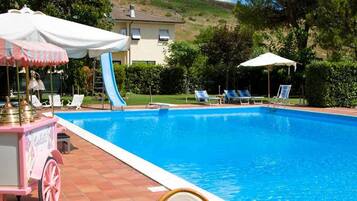 Seasonal outdoor pool, pool umbrellas, sun loungers