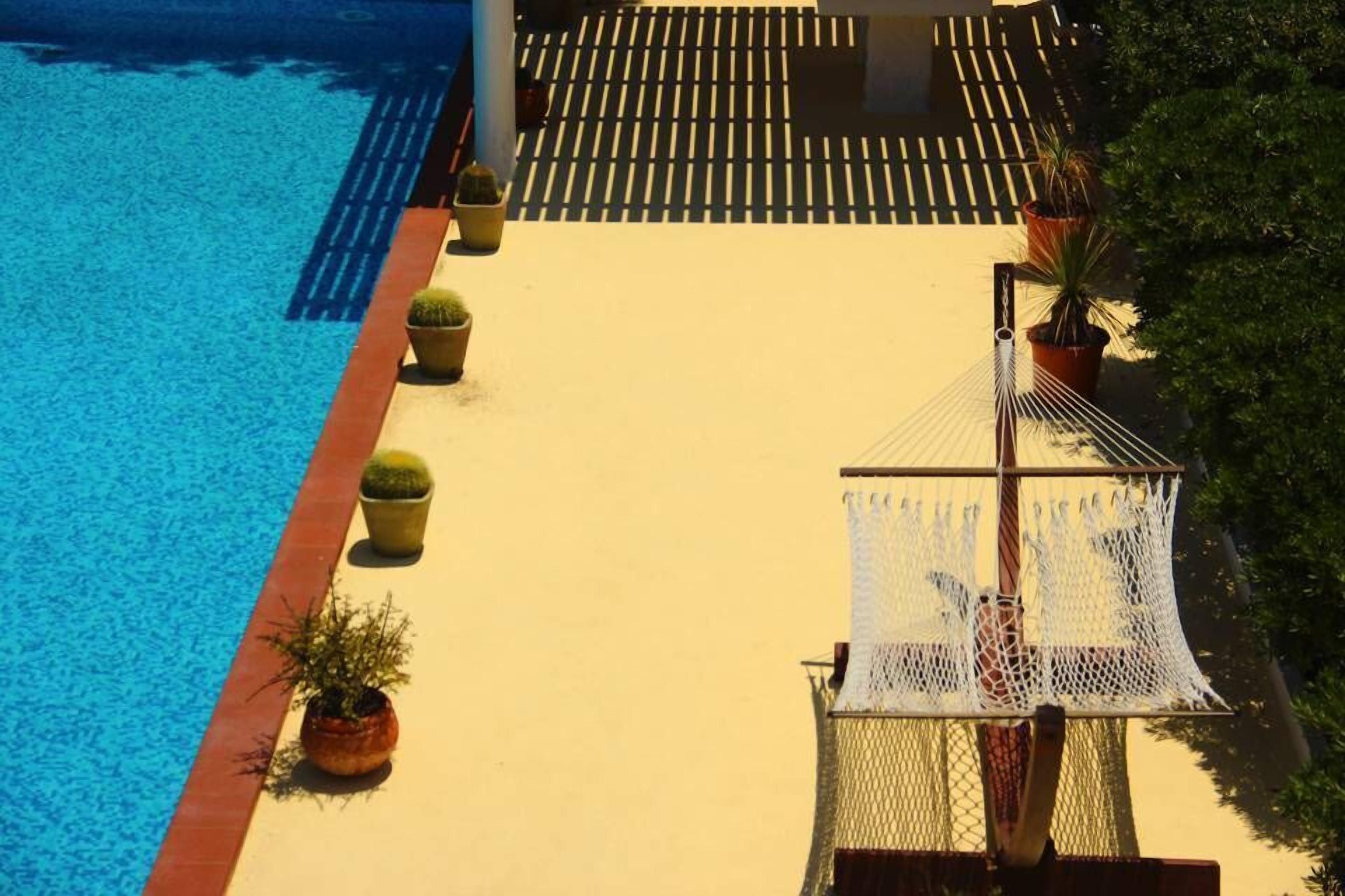 Un espace aménagé au bord de la piscine, avec un hamac, des plantes en pot et une terrasse carrelée.
