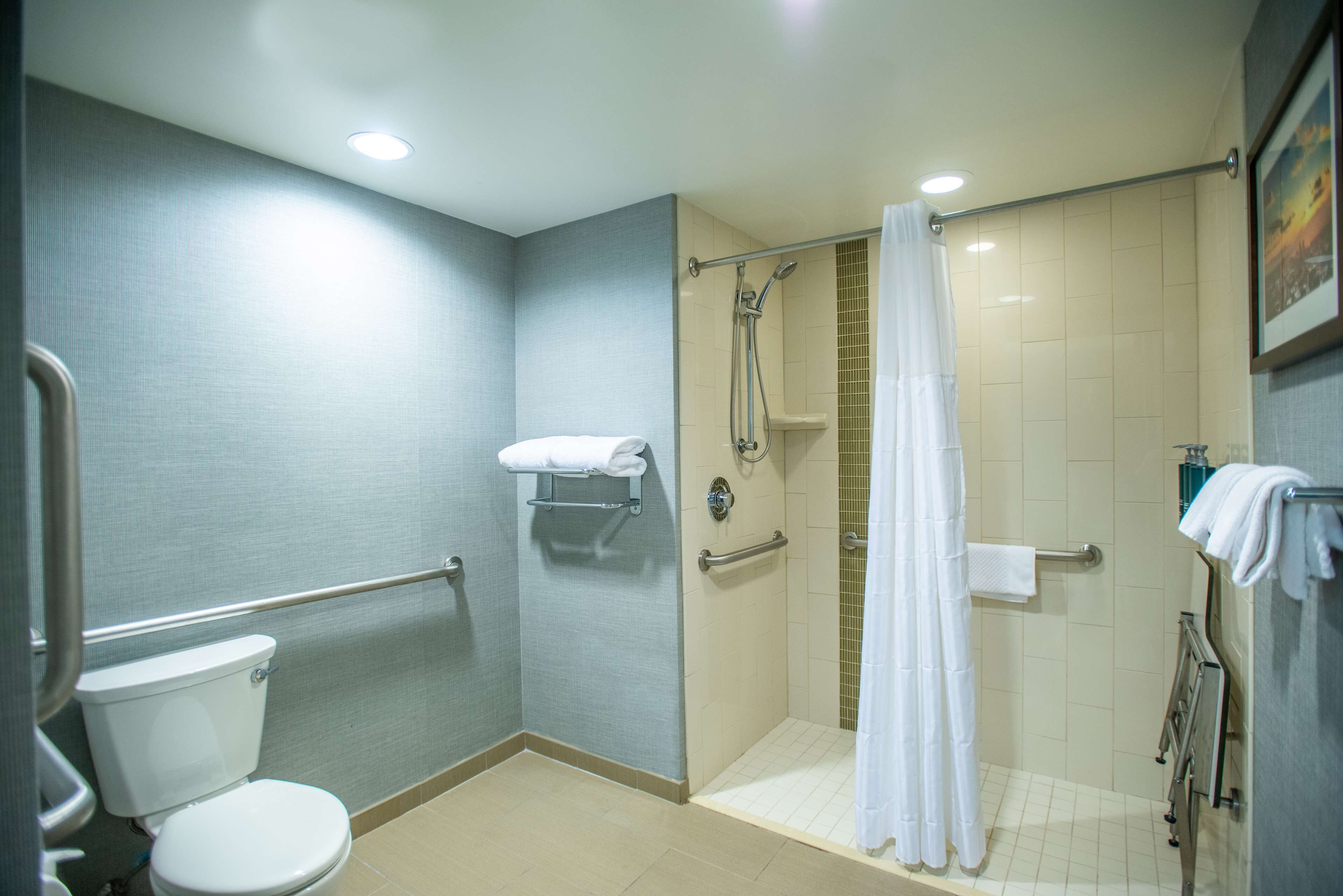 A bathroom with a toilet, a shower with a glass door, and a handrail.