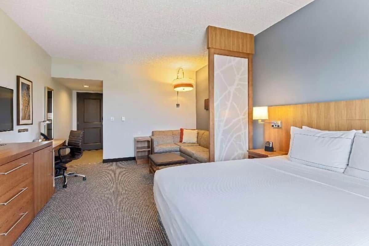 Habitación de hotel con cama, escritorio, silla, sofá, lámpara y televisor instalado en la pared.