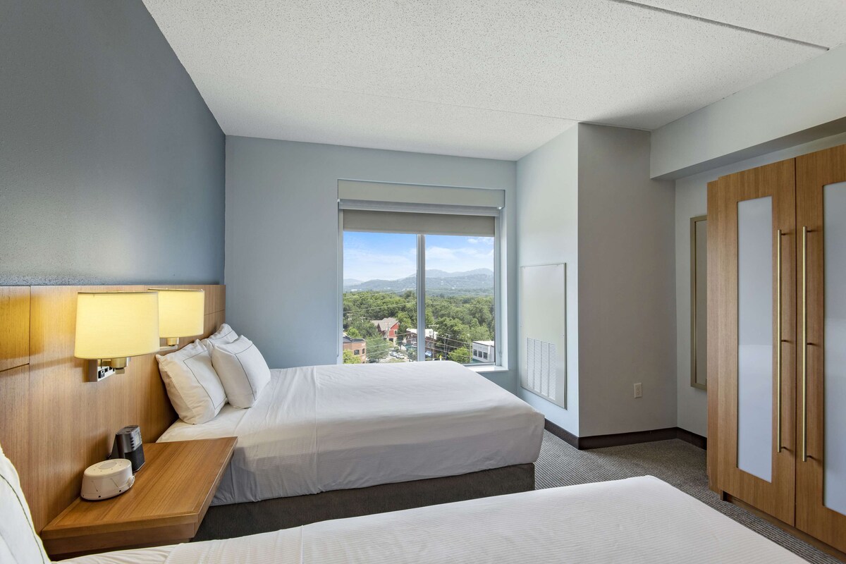 A hotel room with two beds, a large window with a view, a wooden wardrobe, and a bedside table with a lamp.