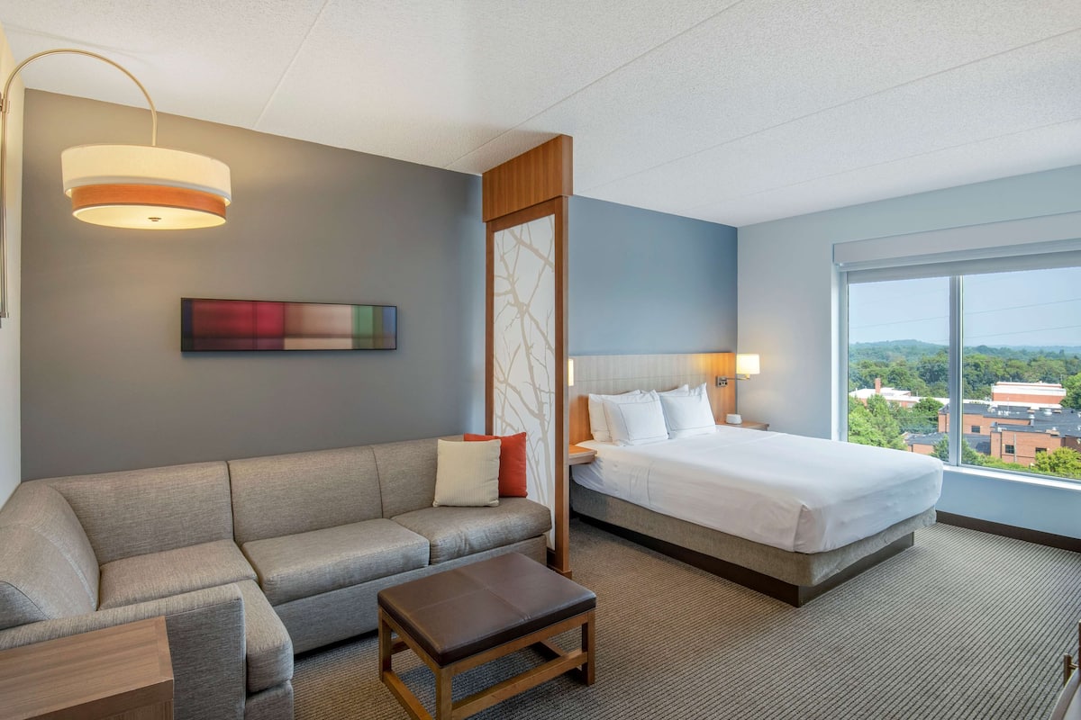 Ein Hotelzimmer mit Bett, Sofa, einem kleinen Tisch, einem Wandbild und einem Fenster mit Blick.