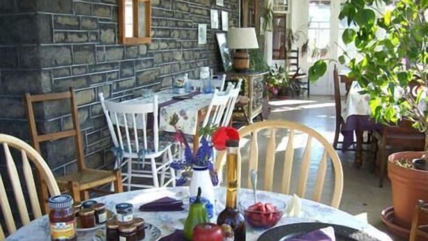 Un comedor con pared de piedra, sillas de madera, una mesa redonda con comida y bebidas, y plantas en macetas.