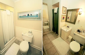 Un baño con inodoro, lavabo y cabina de ducha.
