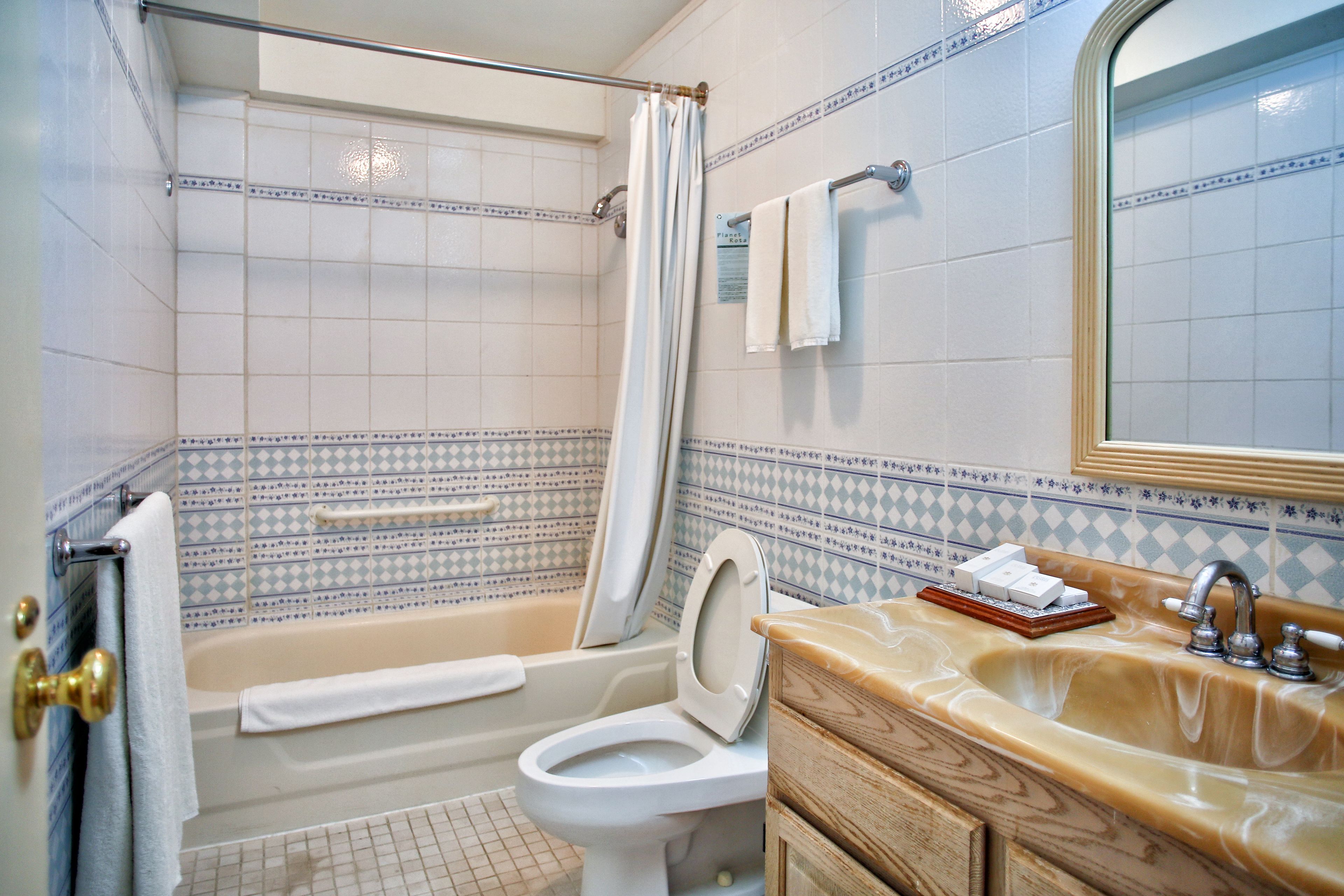 combined shower/bathtub, free toiletries, hair dryer, slippers