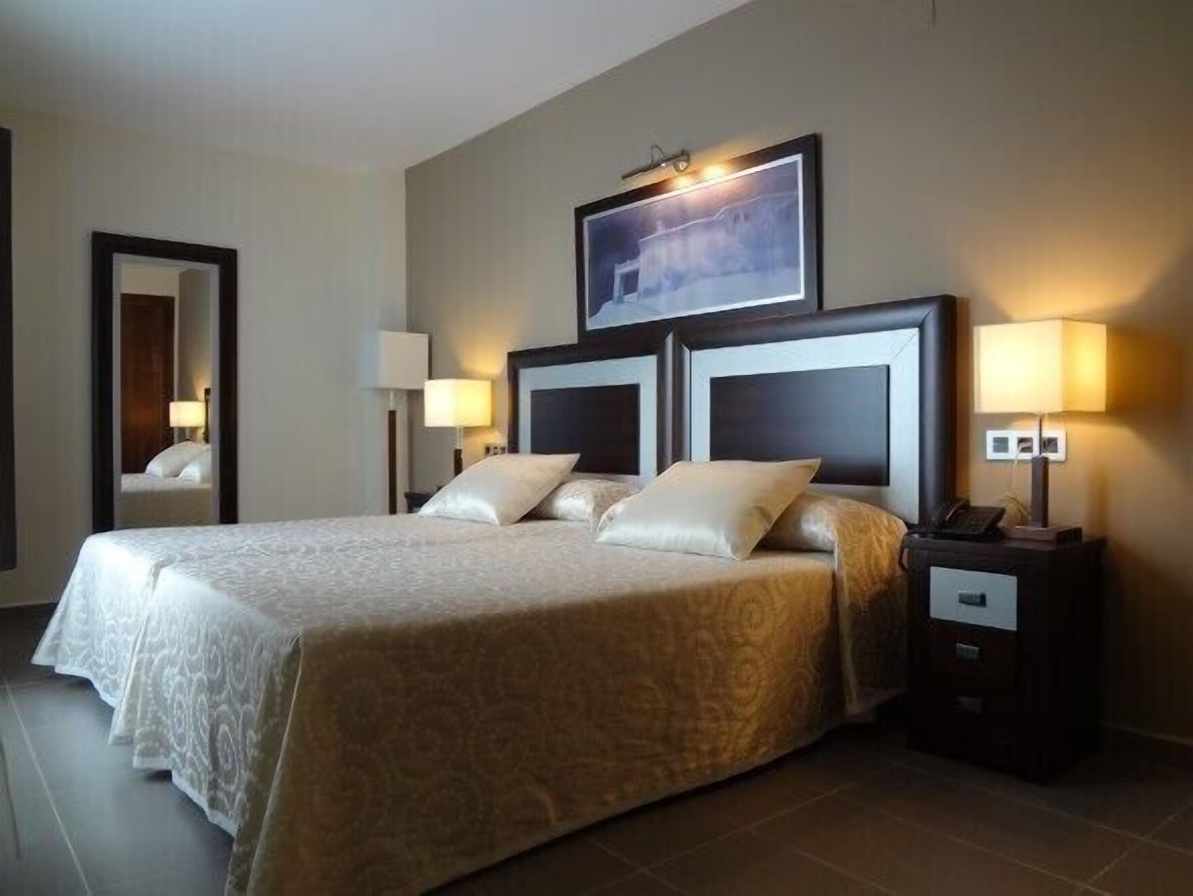 Desk, laptop workspace, blackout curtains, free WiFi