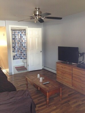 A living room with a ceiling fan, a television on a wooden cabinet, a wooden coffee table, and a door leading to a bathroom with a polka dot shower curtain. - Countryside Motel (Cold Spring)