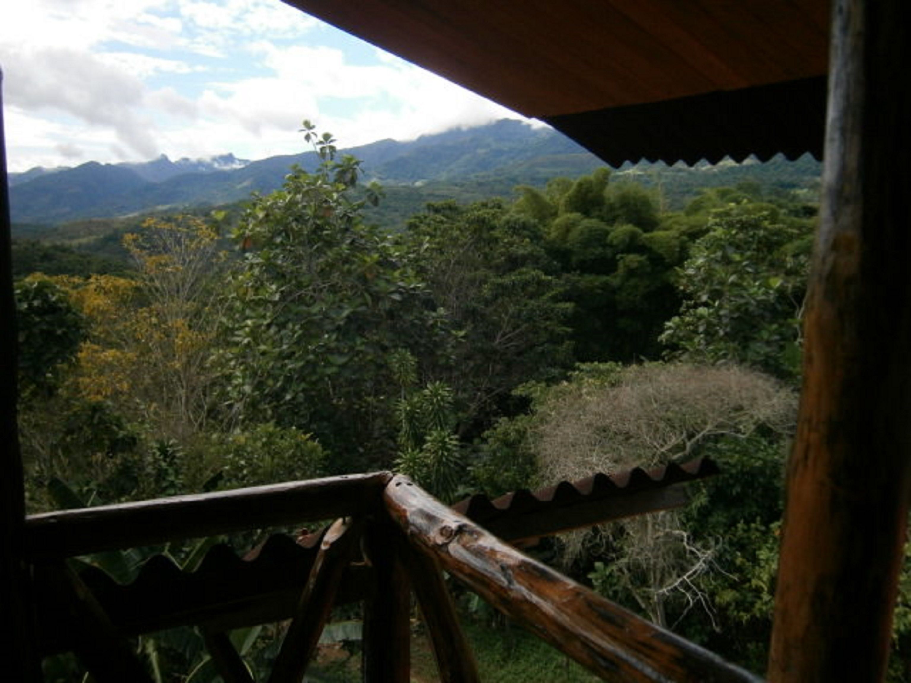 Una terraza de madera con vista a un paisaje montañoso.