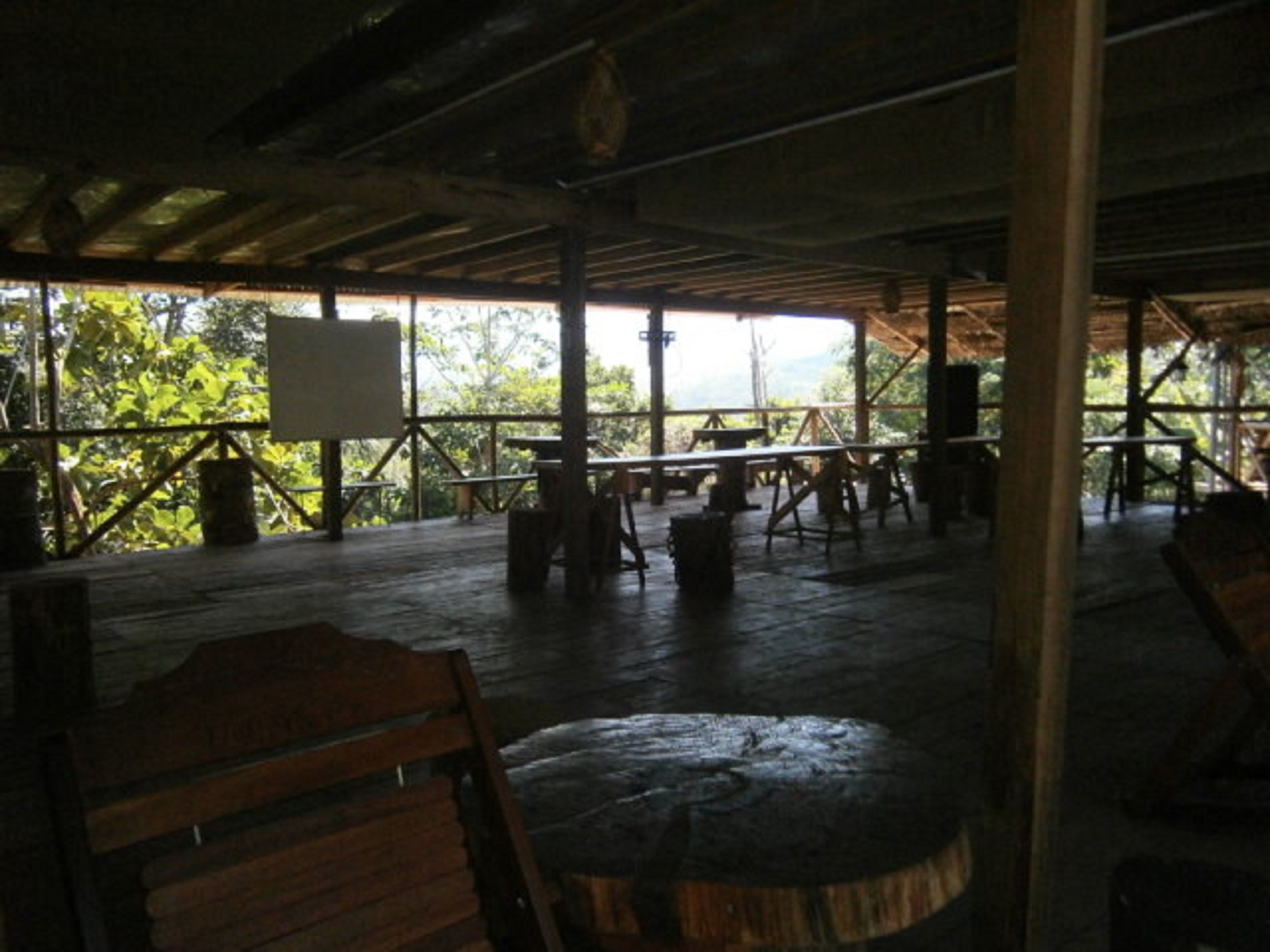 An outdoor wooden deck with tables and benches, surrounded by trees.