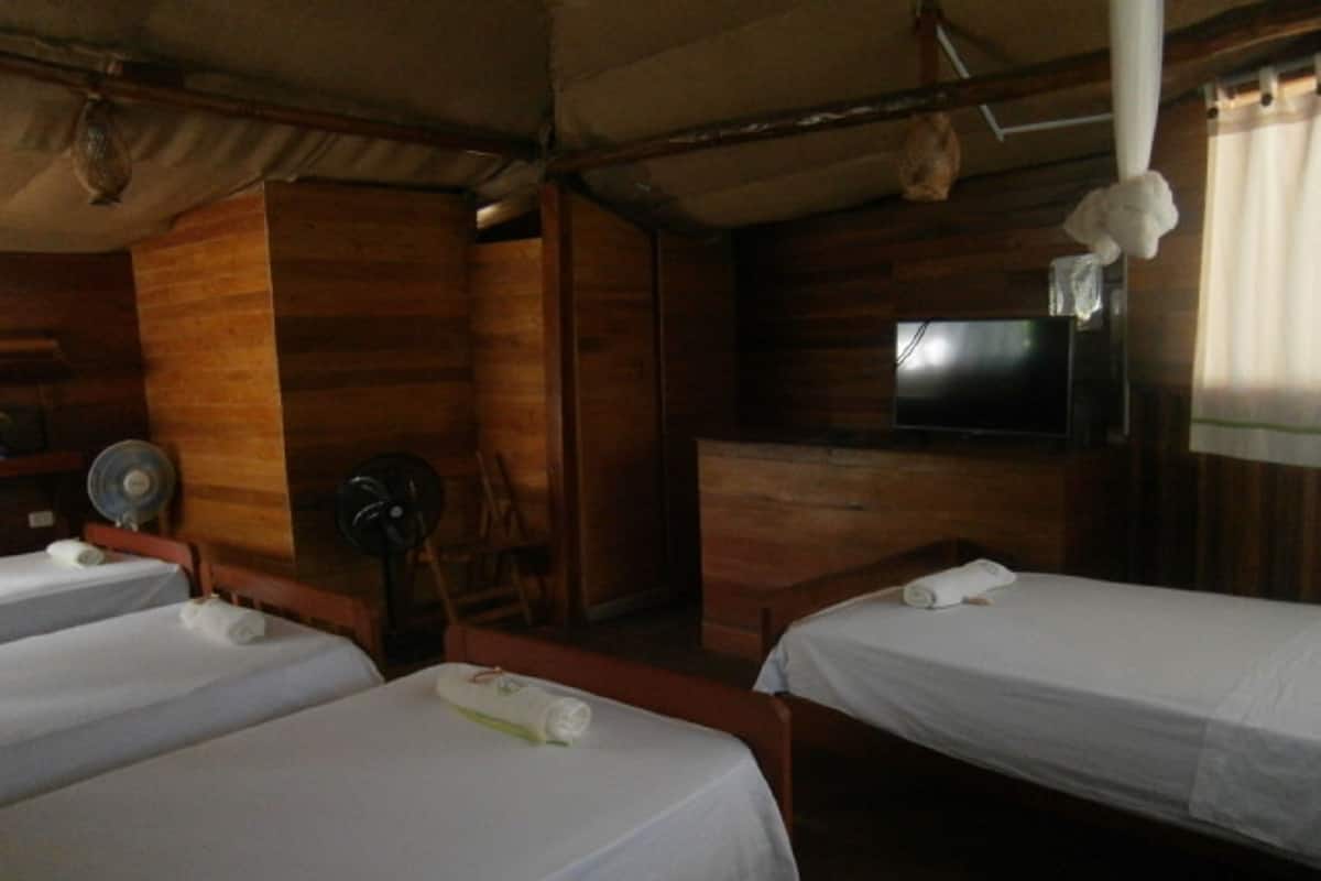 Una habitación con dos camas de madera, un ventilador y un televisor en la pared.