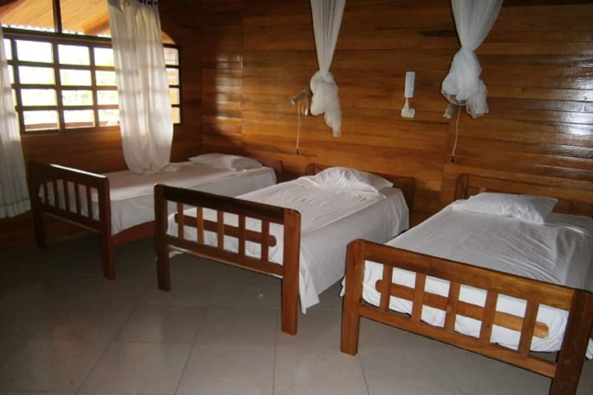Una habitación con dos camas de madera, un banco y una ventana con cortinas.