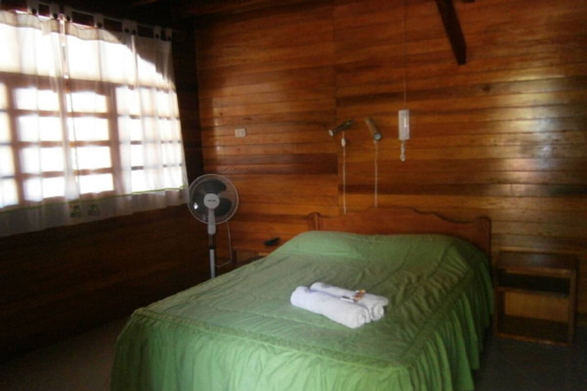 Una habitación de madera con una cama, un ventilador y una ventana con cortinas.