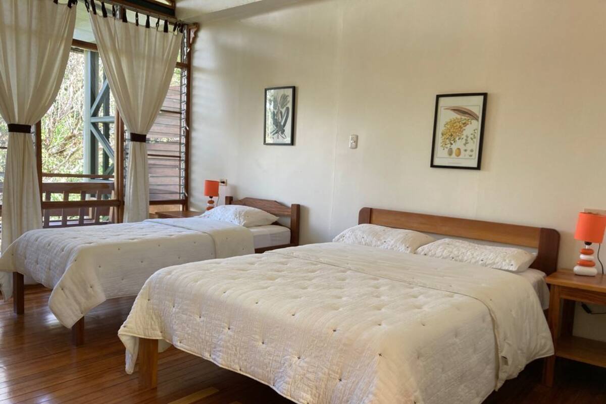 Habitación con dos camas, piso de madera y ventana con cortinas.