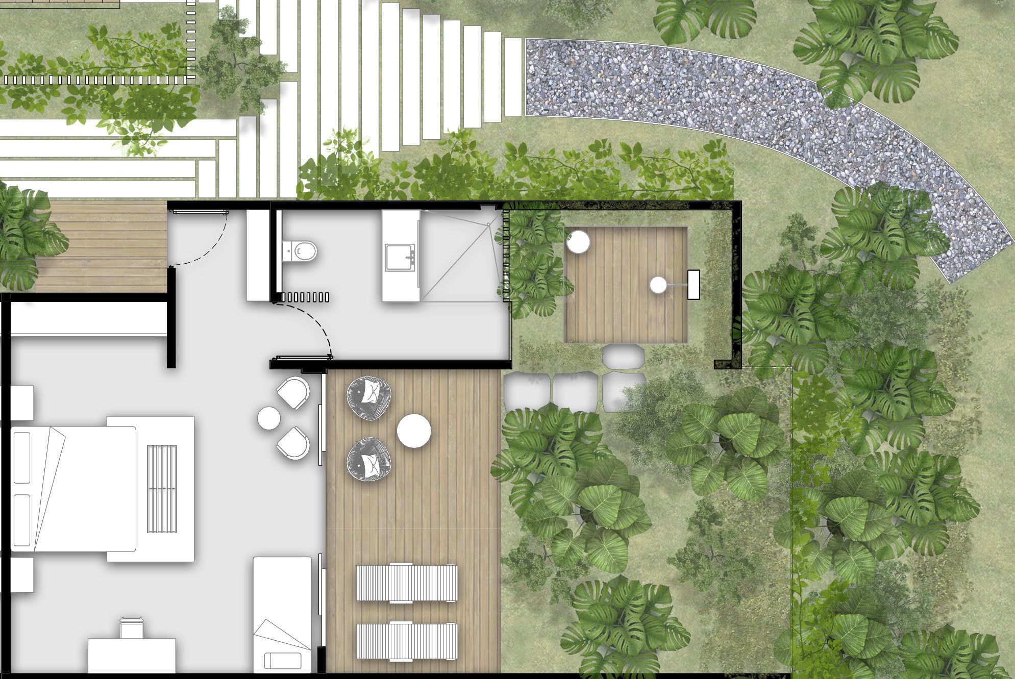 Un plan d’étage d’une maison comprenant un salon, une cuisine, un coin repas et un petit patio extérieur avec un chemin en pierre et des plantes tropicales.