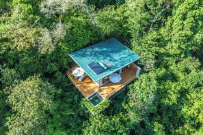 An aerial view of a house with a green roof, surrounded by dense forest. - El Remanso Rainforest Lodge (Puerto Jiménez)