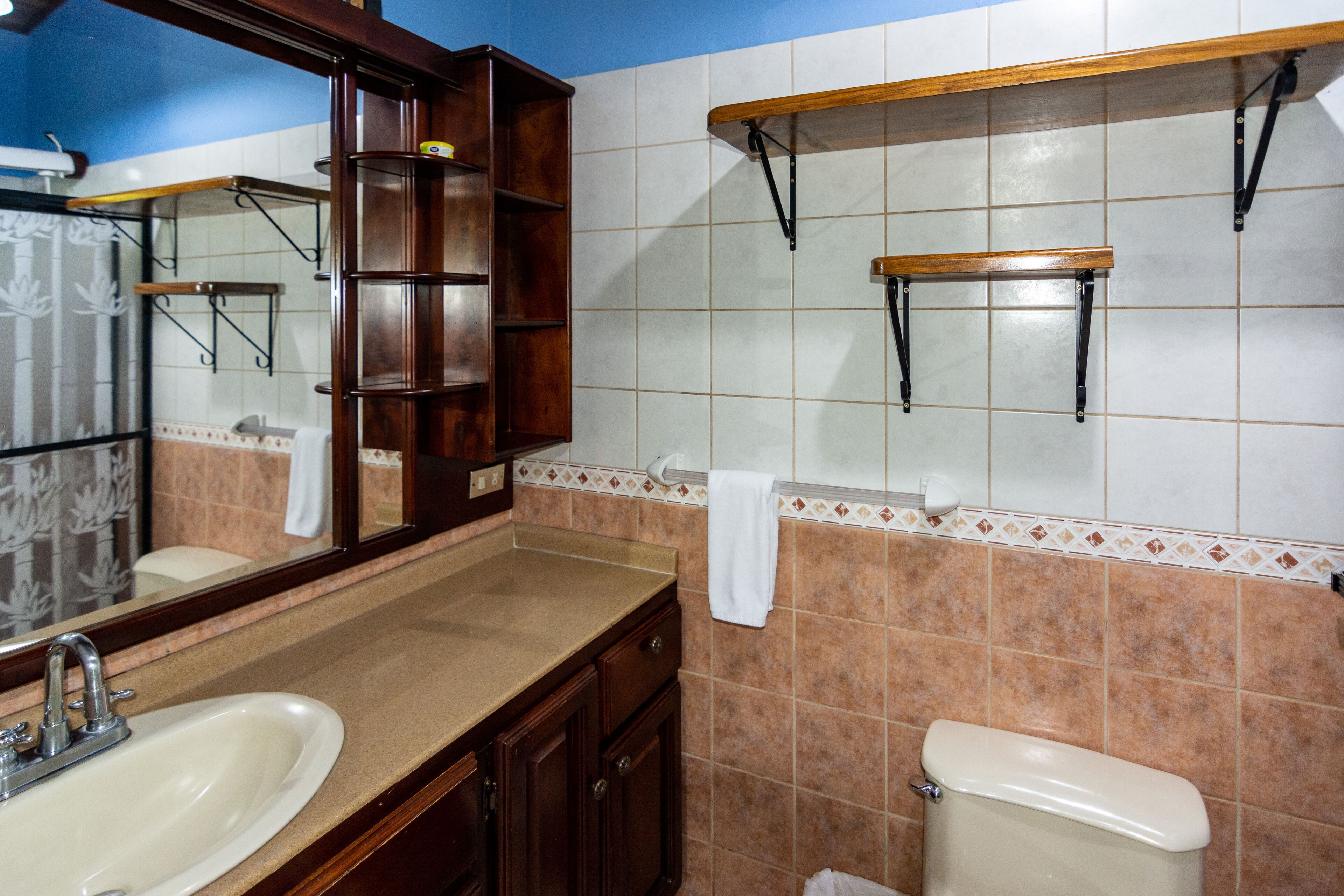 A bathroom with a sink, mirror, cabinet, toilet, and shelves.