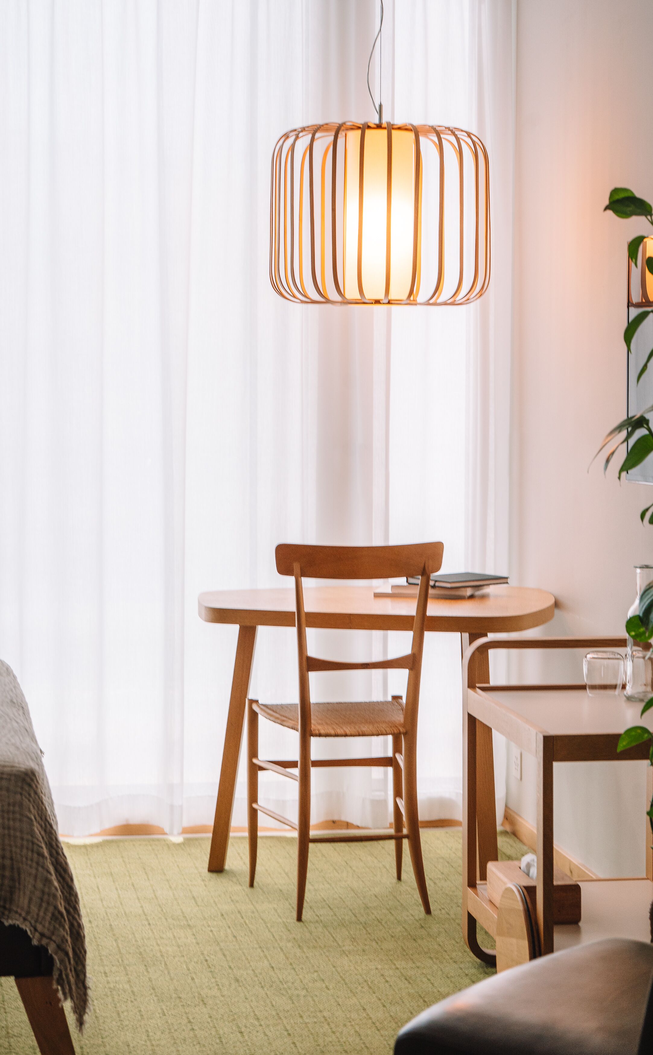 Una habitación con una mesa de comedor de madera, una silla, una lámpara colgante y una planta.