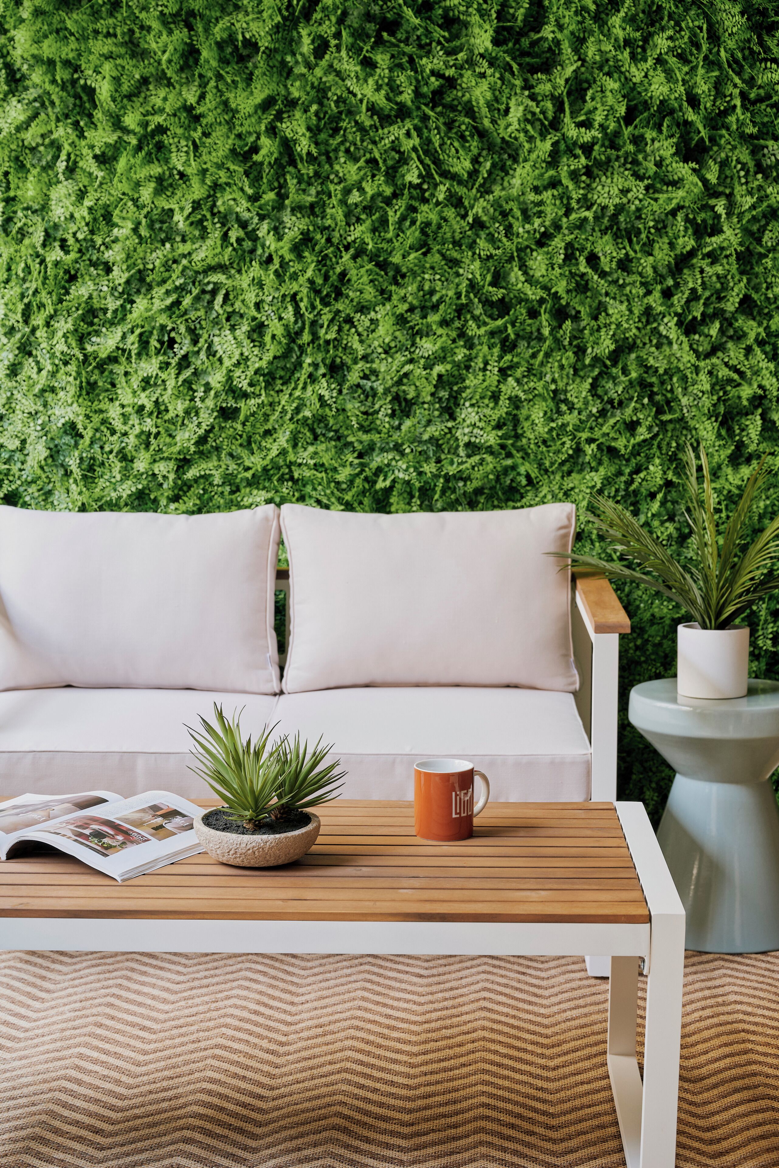 A sofa with cushions, a coffee table with a magazine, a potted plant, and a mug.