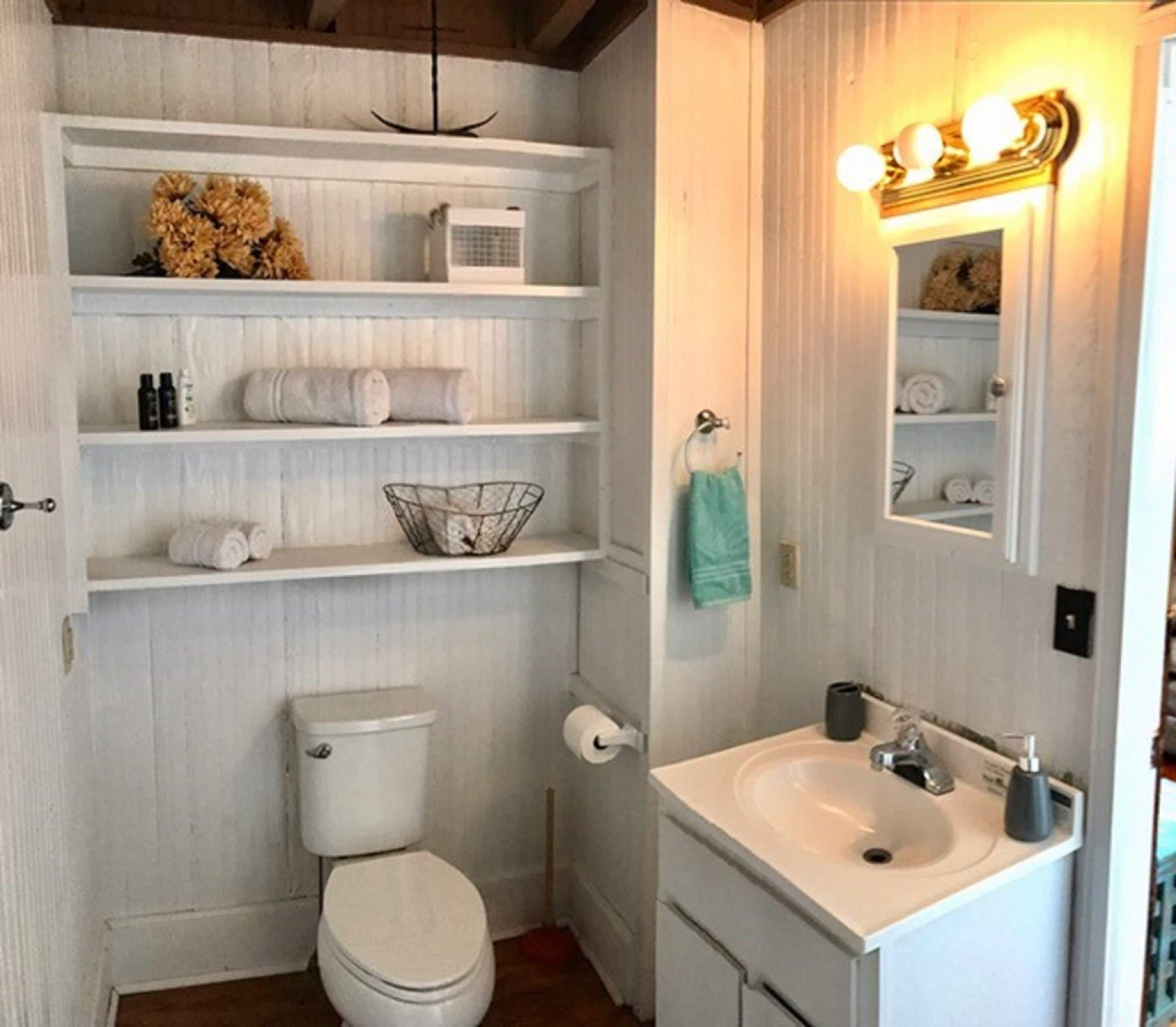 A bathroom with a toilet, sink, and shelves with toiletries.