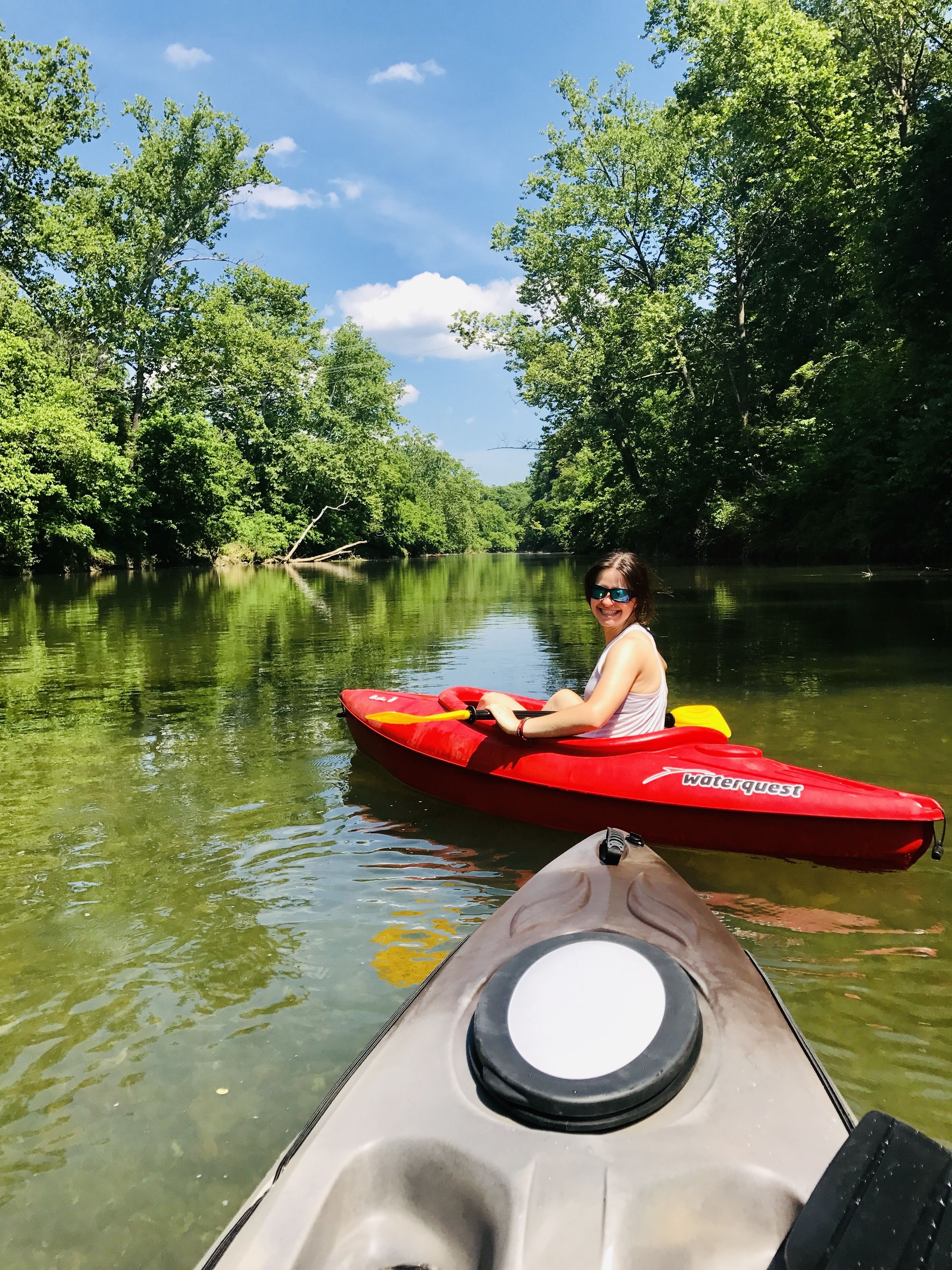 A person kayaking on a calm river surrounded by dense green trees.