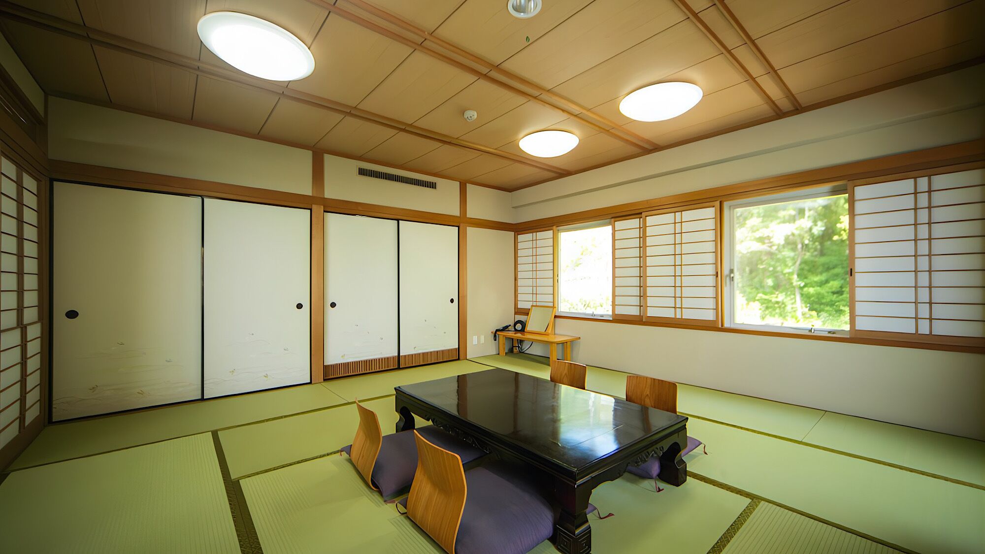 Een traditionele Japanse kamer met tatami vloeren, schuifdeuren, een lage tafel en uitzicht op groen.