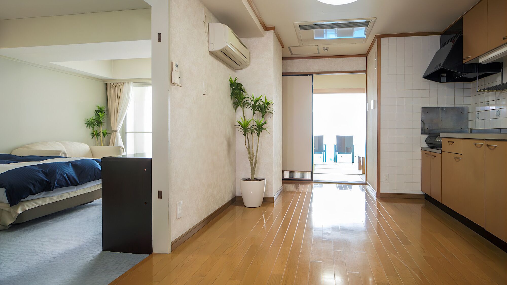 Een moderne hotelkamer met een bed, een plant in pot, een kitchenette en uitzicht.