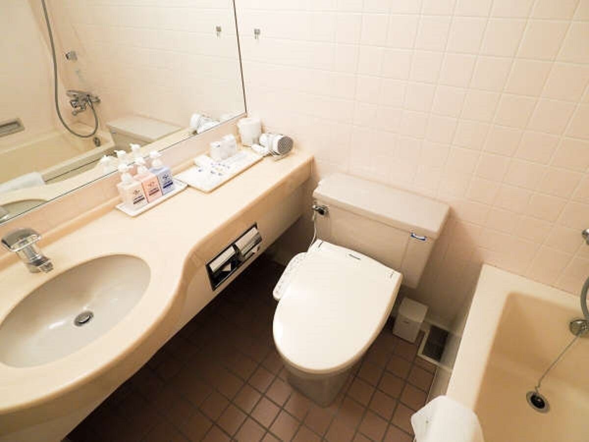 combined shower/bathtub, designer toiletries, hair dryer, slippers