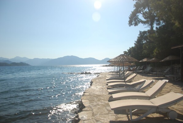 På stranden, solsenger, parasoller og strandbar