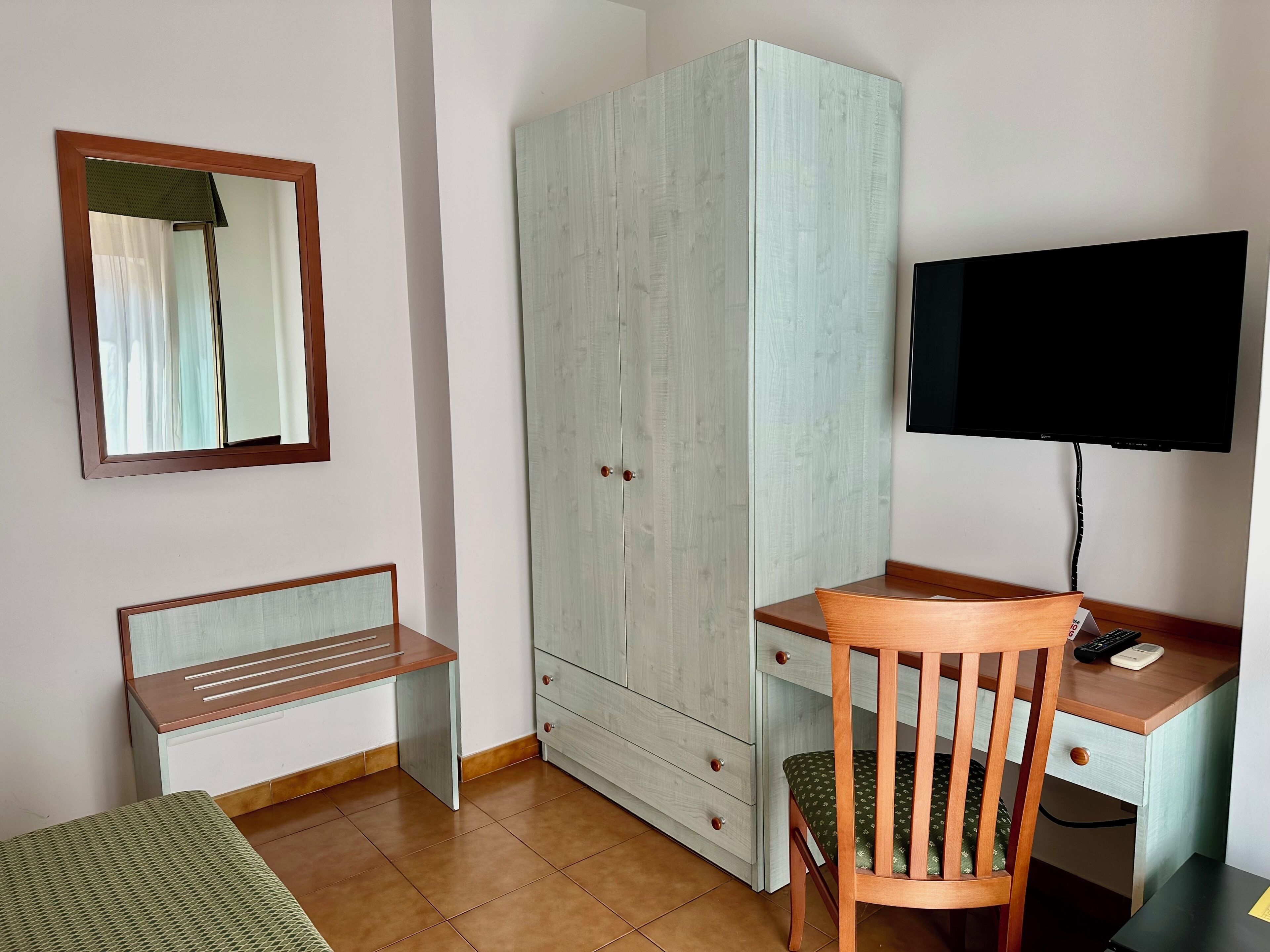 A room with a bed, a wardrobe, a desk with a chair, a television, and a mirror.