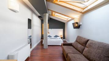 Un dormitorio moderno y luminoso con tragaluces, una cama grande, un sofá marrón y un televisor de pantalla plana.