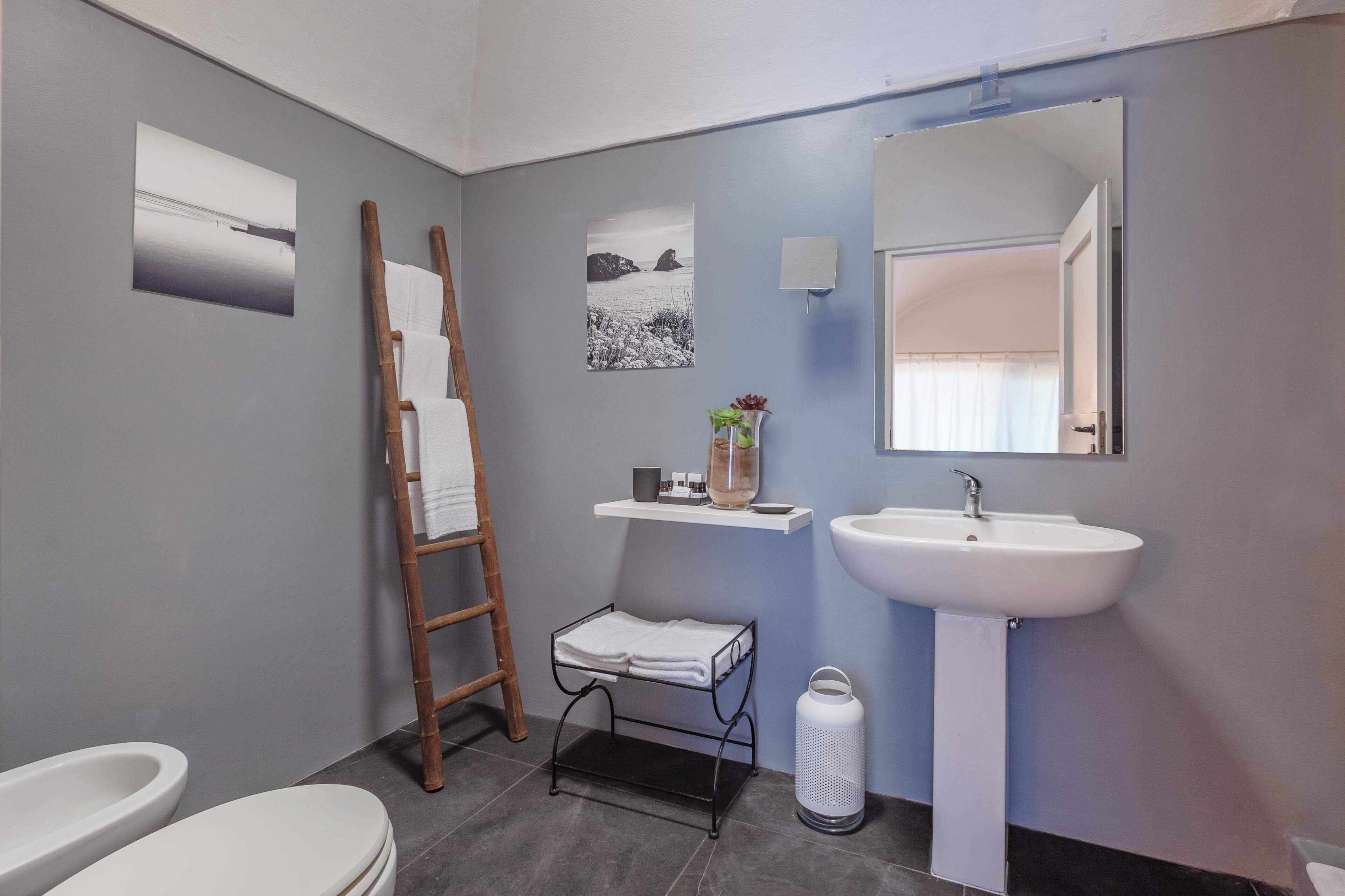 A bathroom with a toilet, sink, mirror, towel rack, and a ladder.