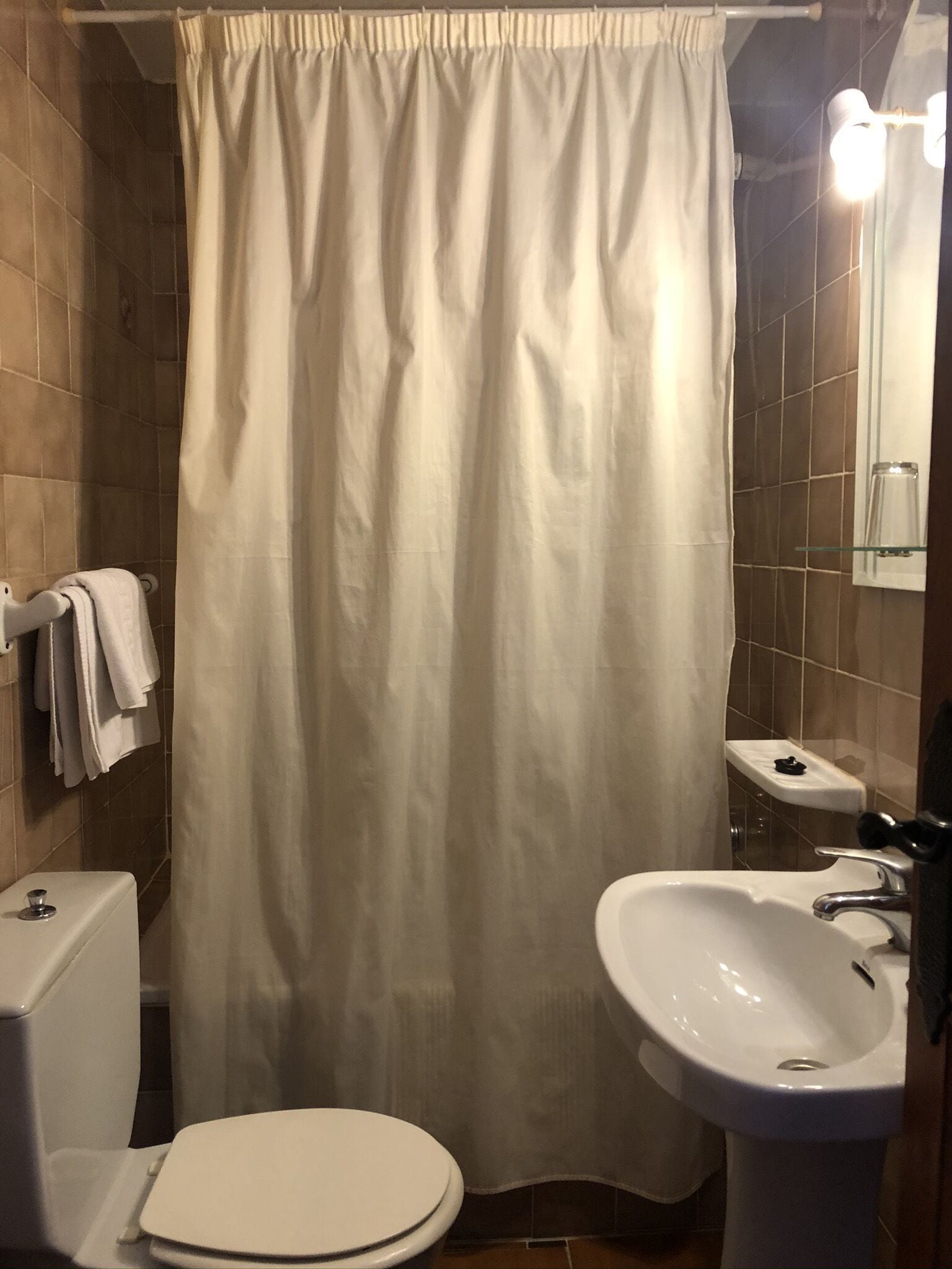 A bathroom with a toilet, sink, and shower curtain.