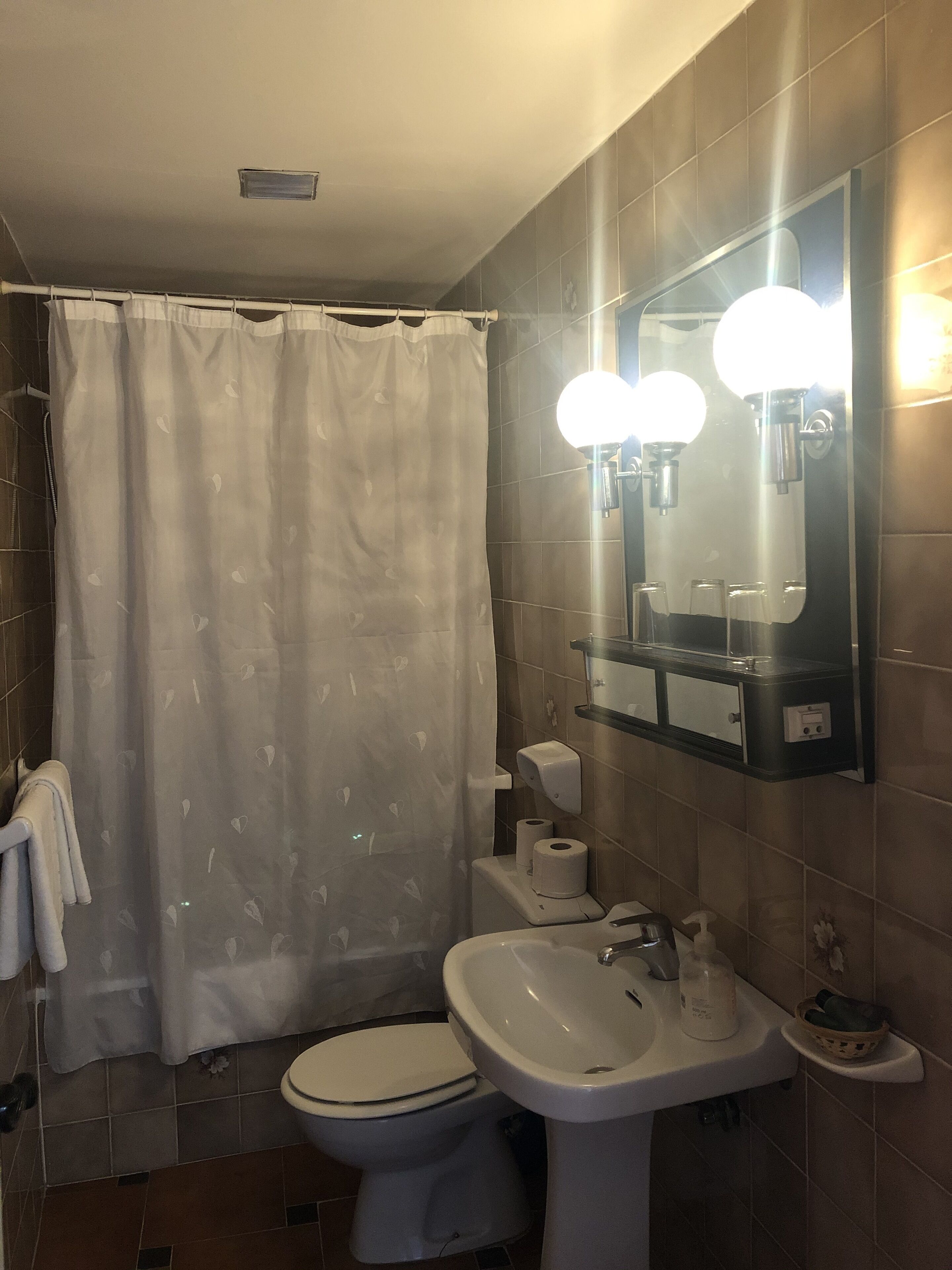 Une salle de bain avec des toilettes, un lavabo et un rideau de douche.