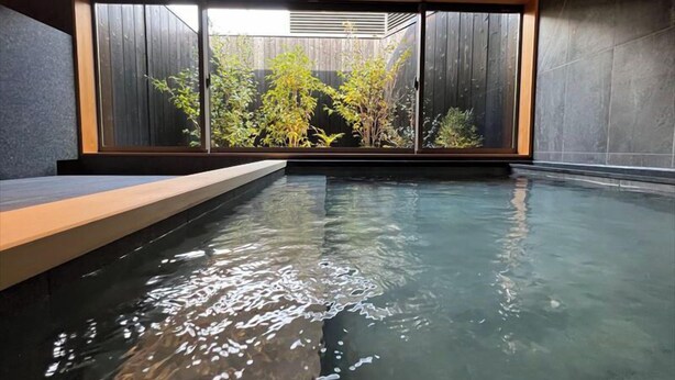 A modern indoor pool with clear water, wooden benches, and a view of greenery through large windows. - Shinpuro (Miyazu)