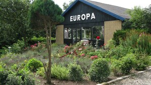 A building named "EUROPA" with a brick facade and a blue roof, surrounded by a garden with various plants and flowers. - Motel Europa (Svenstrup)