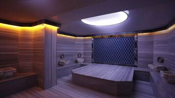Een sauna, een bubbelbad, een stoombad, een Turks bad/hammam