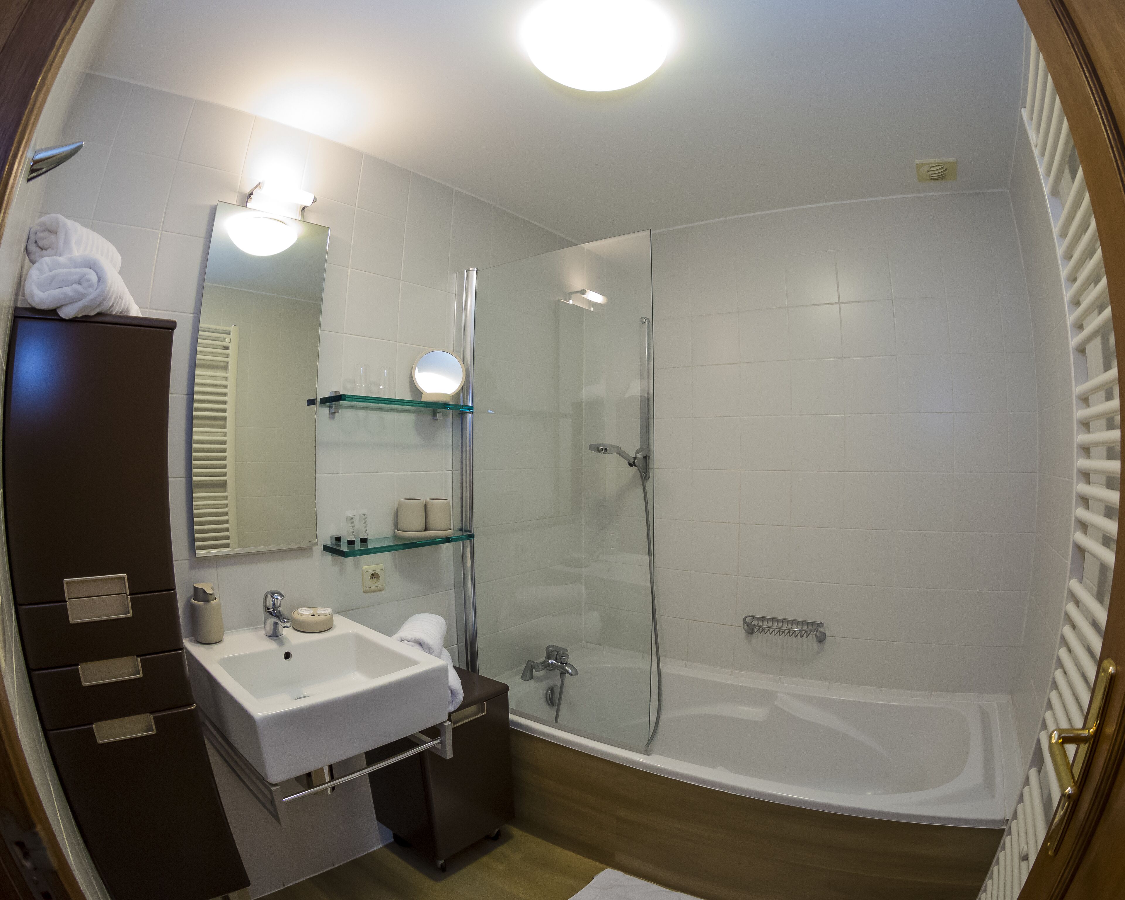A modern bathroom with a glass-enclosed shower, a white sink, and a mirror above the sink.