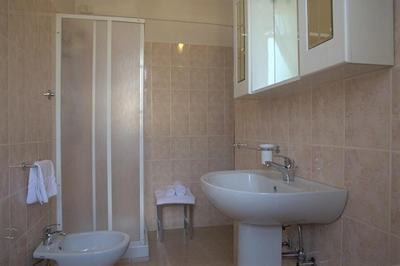 Un baño con ducha, lavamanos y bidé.