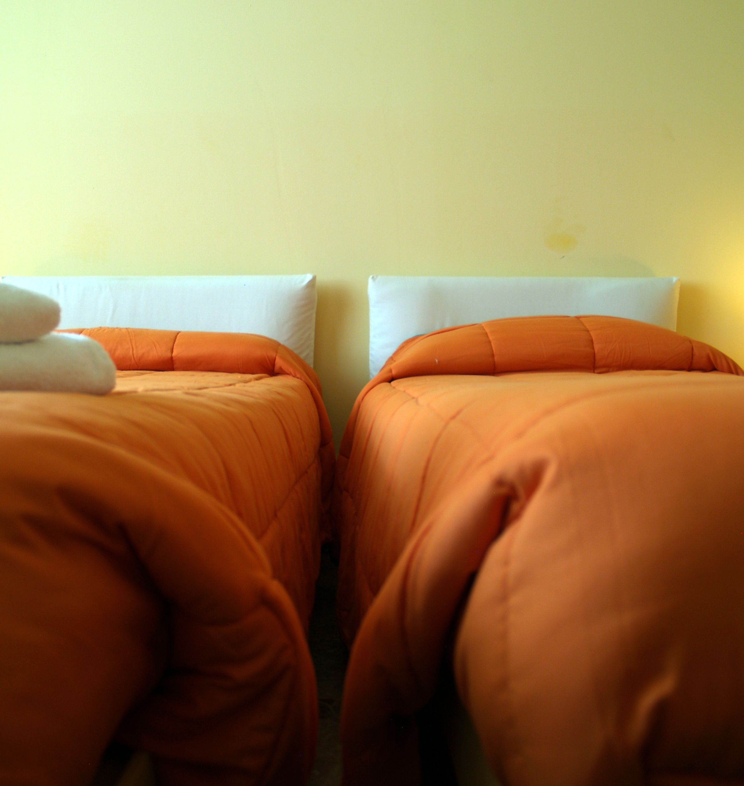 Two beds with orange bedding and white pillows in a room with yellow walls.
