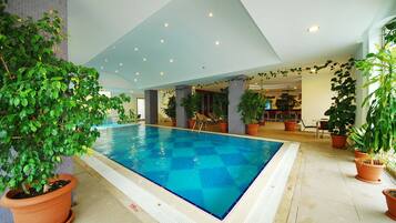 An indoor swimming pool with tiled walls and ceiling, surrounded by potted plants and a seating area.
