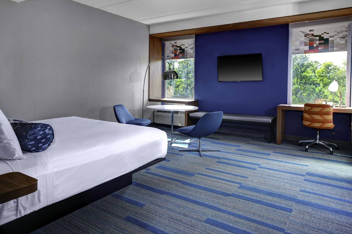 A hotel room with a bed, two chairs, a desk, a TV, and a window with a view of trees.