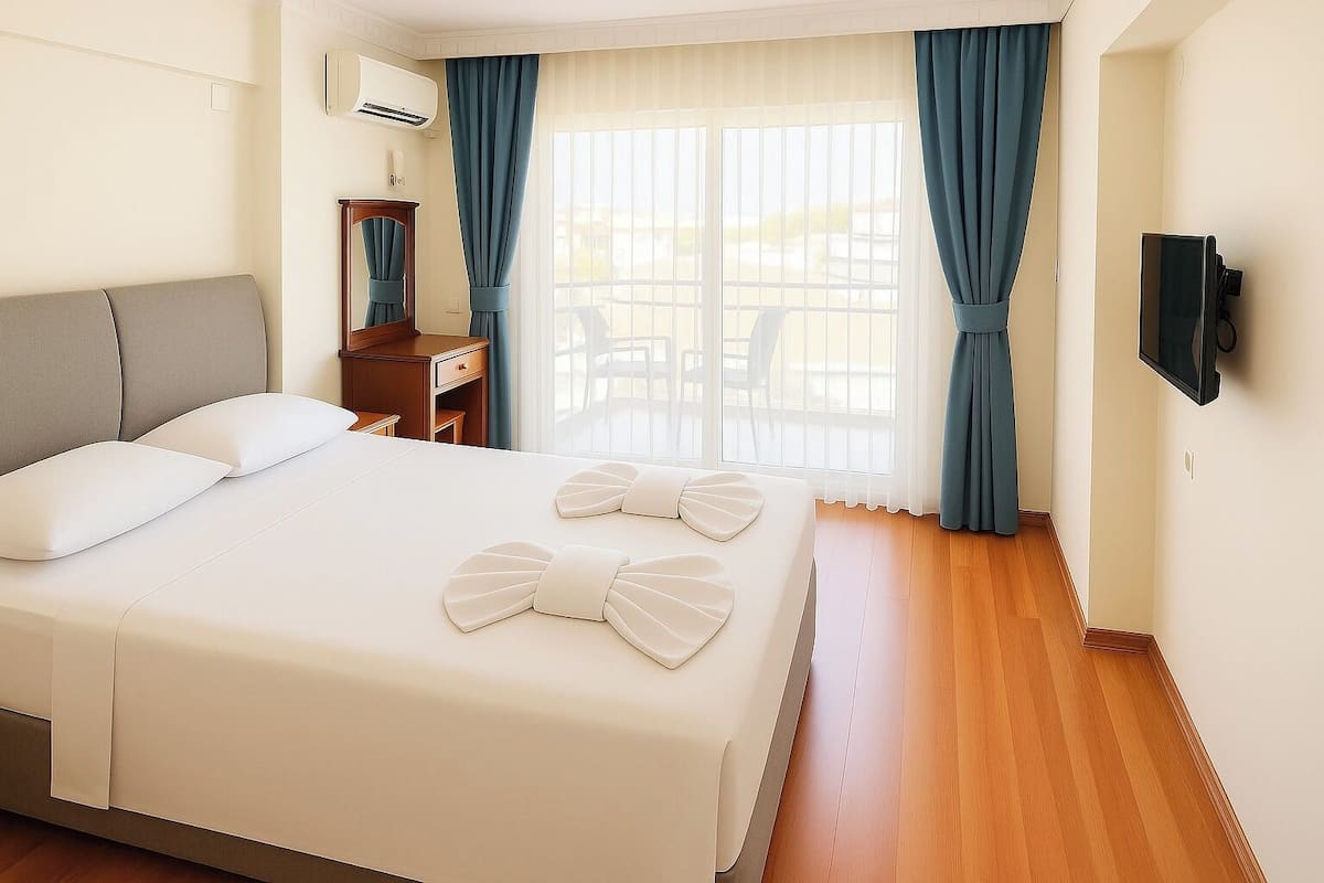 Une chambre d’hôtel avec un grand lit, un bureau, une chaise, une télévision et une fenêtre avec des rideaux.