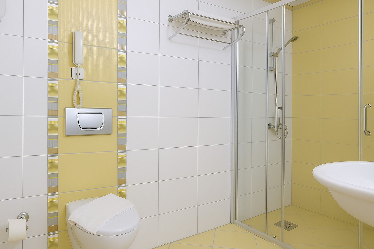 A bathroom with a glass-enclosed shower, a white sink, and a toilet.