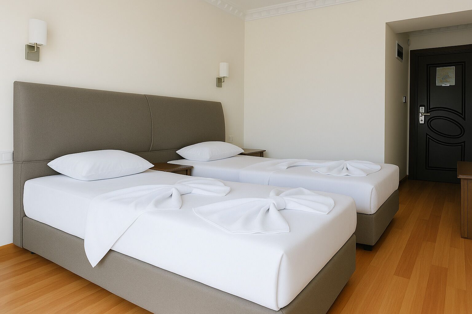 A hotel room with two beds, each with white linens and bows, a grey headboard, and a wooden floor.