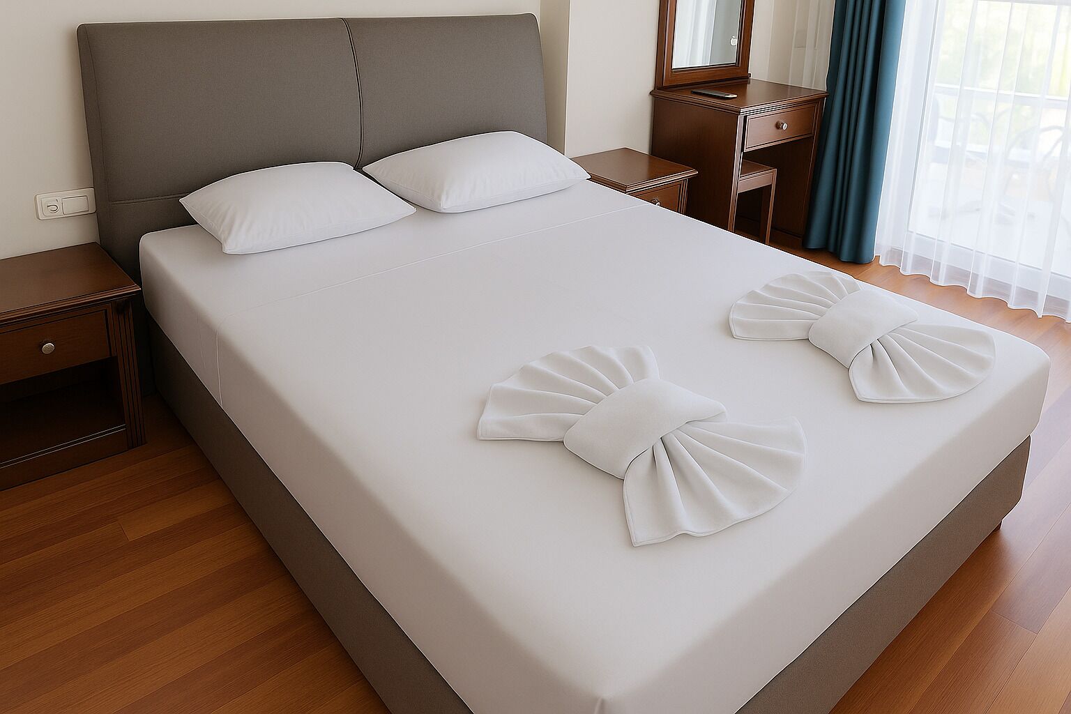 A neatly made bed with white linens and two large bow ties on the bedspread.