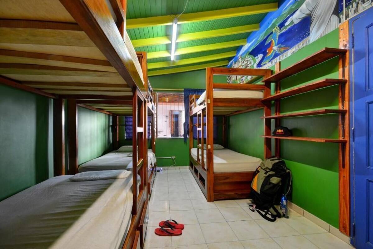 Un dormitorio con literas, un mural en la pared y una puerta azul.