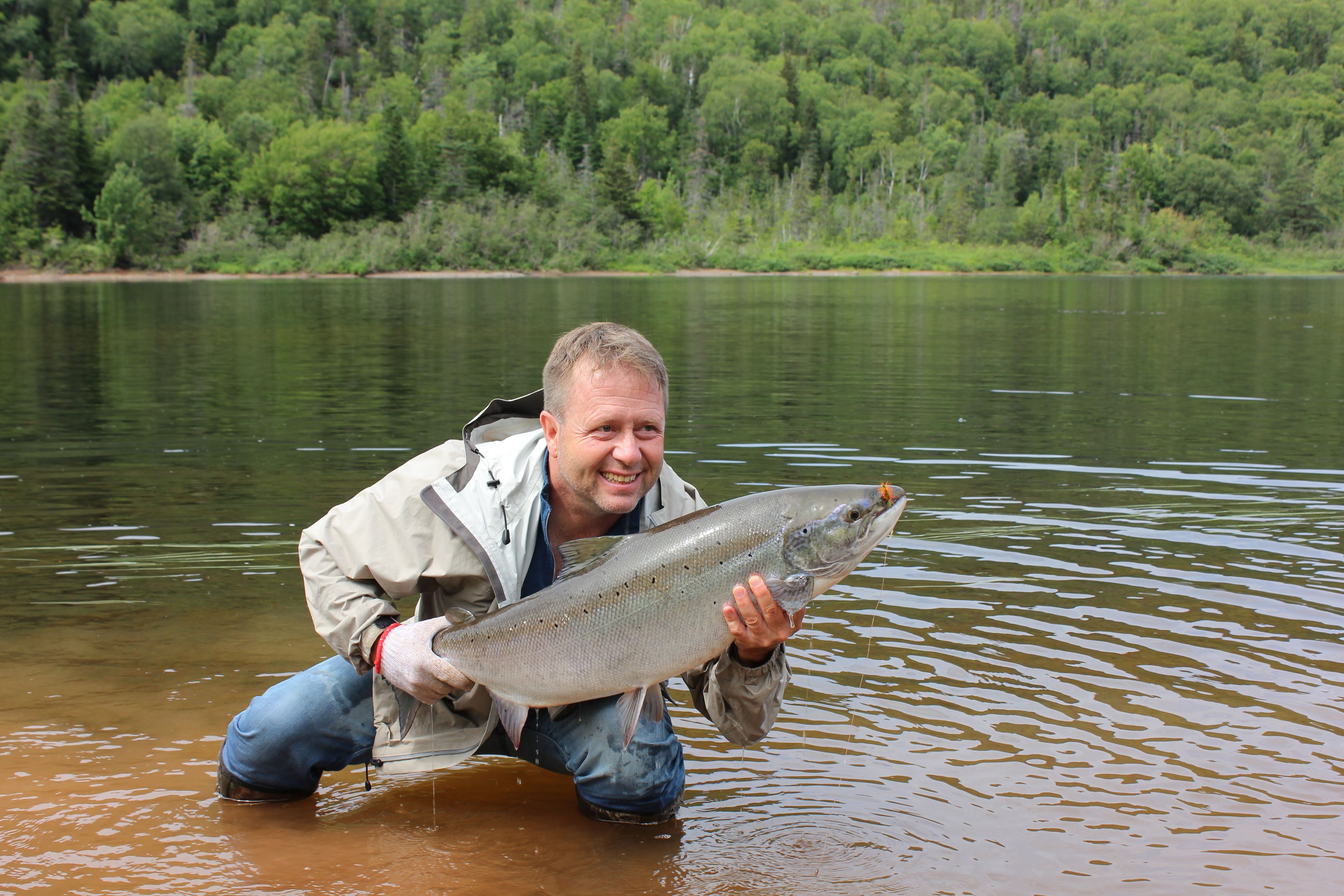 A person holding a large fish in a body of water with a forested background.