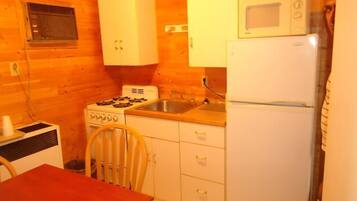A compact kitchen with a stove, sink, and microwave.