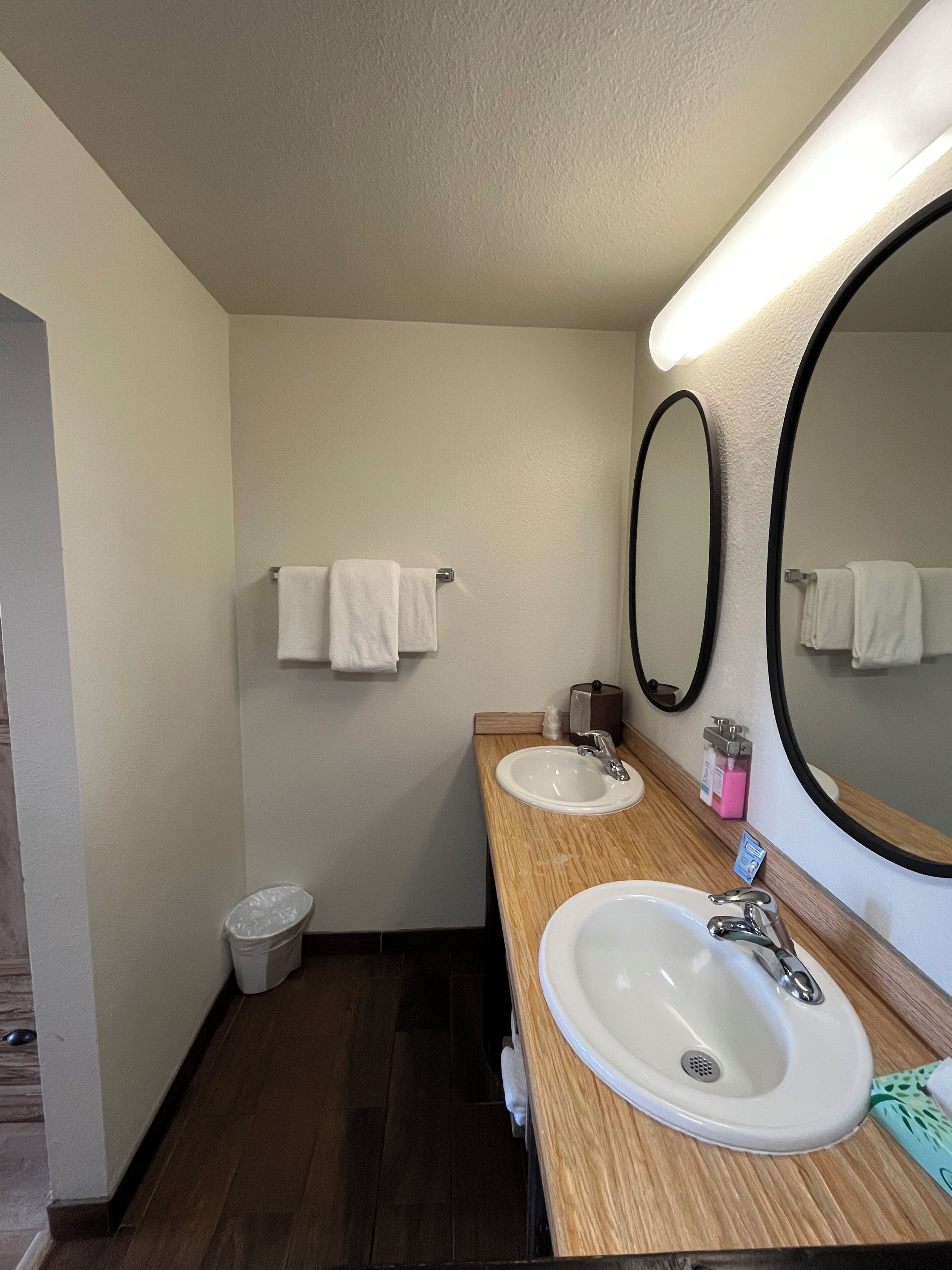Une salle de bain avec deux lavabos, un miroir et une poubelle.